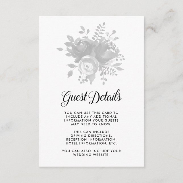 Elegant Gray Floral Wedding Guest Details Begleitkarte (Vorderseite)