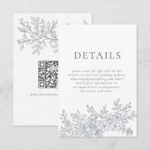 Elegant Gray Florals QR Code Wedding Details Begleitkarte