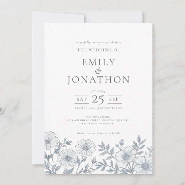Elegant Gray Florals QR Code Wedding Einladung (Vorderseite)
