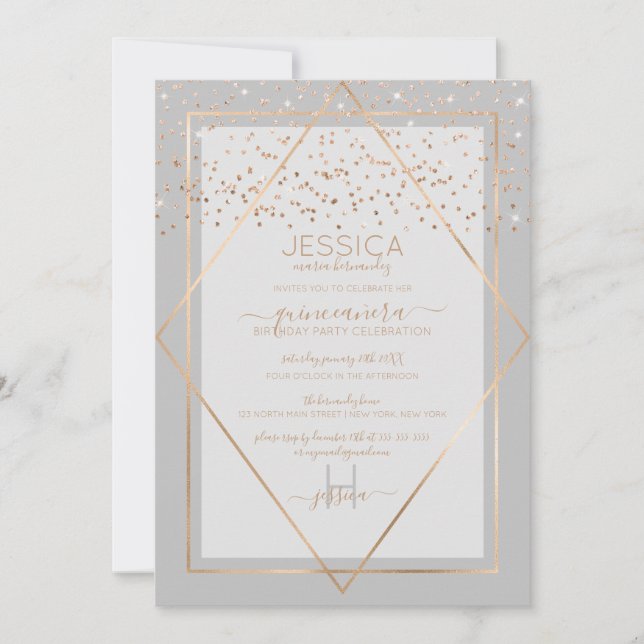 Elegant Gray Gold Confetti Border Quinceñera Einladung (Vorderseite)