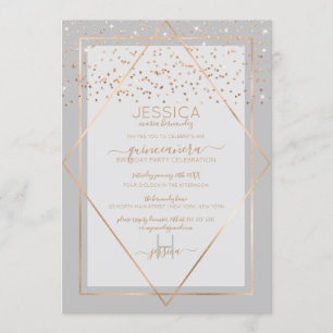 Elegant Gray Gold Confetti Border Quinceñera Einladung