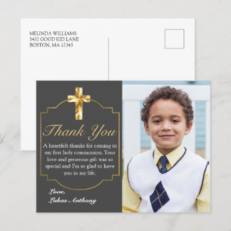 Elegant Gray Gold Cross 1. Kommunion Vielen Dank Postkarte