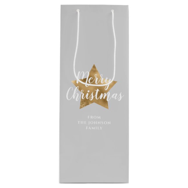 Elegant Gray Gold Star Frohe Weihnachten Geschenktüte Für Weinflaschen (Vorderseite)