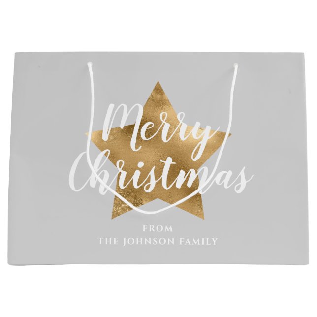 Elegant Gray Gold Star Frohe Weihnachten Große Geschenktüte (Vorderseite)