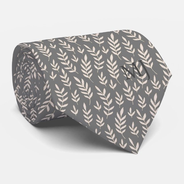 ELEGANT GRAY LEAF FOLIAGE PATTERN MONOGRAM INITIAL KRAWATTE (Gerollt)