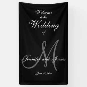 Elegant Gray M Initial und Names Wedding Banner