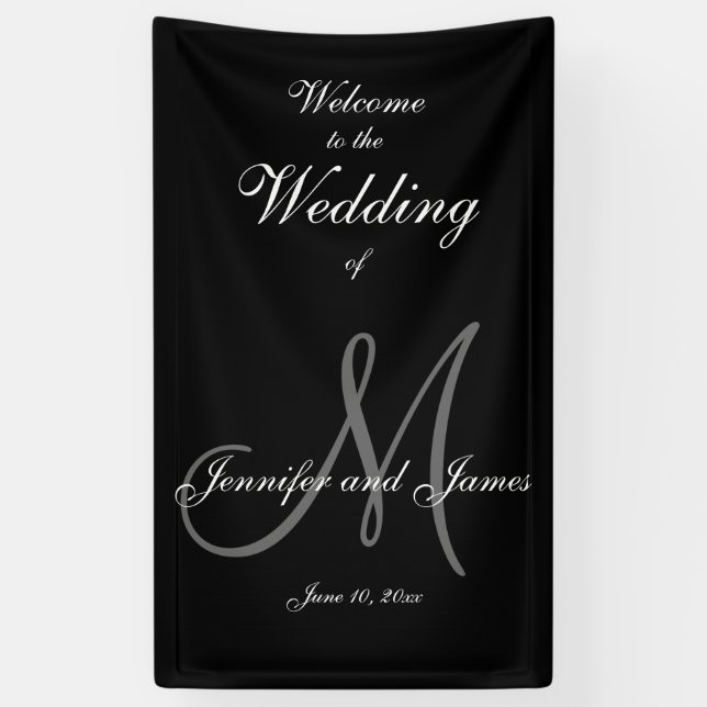 Elegant Gray M Initial und Names Wedding Banner (Vertikal)