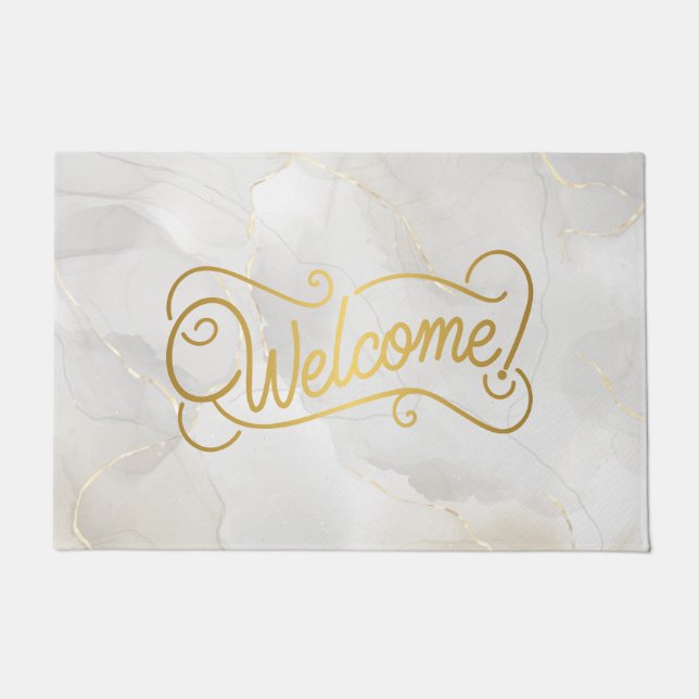 Elegant Gray Marble and Gold Script Welcome Fußmatte (Vorderseite)