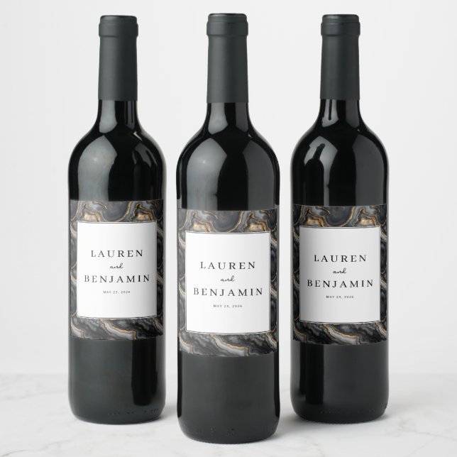 Elegant Gray Marbled Wedding Wine Labels Weinetikett (Flaschen)