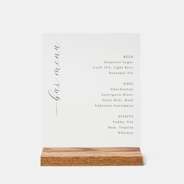 Elegant Gray Minimalist Bar Menu Acrylschild (Vorderseite)