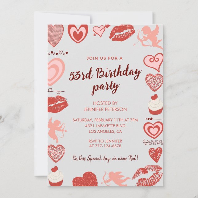 Elegant Gray Red Hearts Einladungen zum 53. Geburt (Vorderseite)