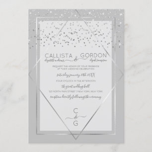 Elegant Gray Silver Confetti Geo Border Wedding Einladung