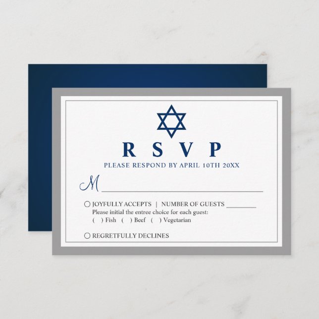 Elegant Gray und Navy Blue Bar Mitzvah RSVP Karte (Vorne/Hinten)