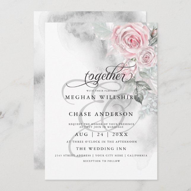 Elegant Gray Watercolor Roses BarefootBride™ Einladung (Vorne/Hinten)