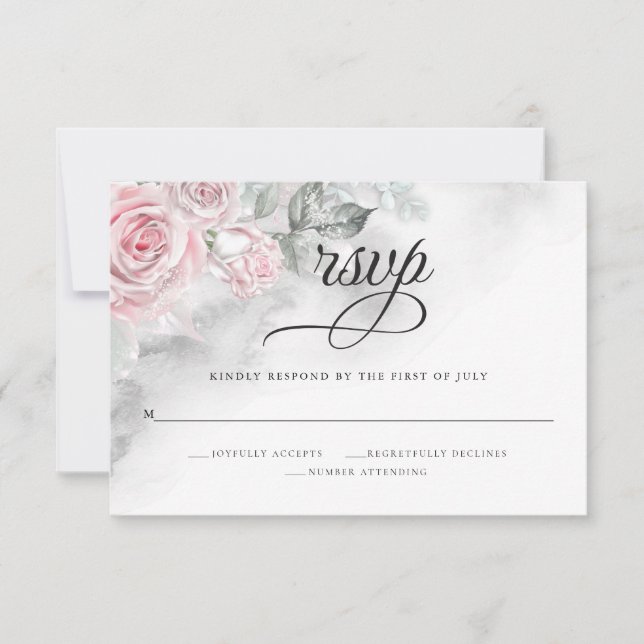 Elegant Gray Watercolor Roses BarefootBride™ RSVP Karte (Vorderseite)