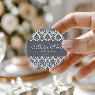 Elegant Gray White Damask Wedding Gefallen Runder Aufkleber