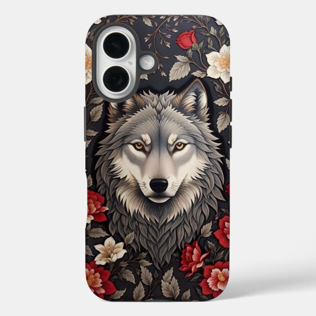 Elegant Gray Wolf Floral Case-Mate iPhone Hülle (Rückseite)