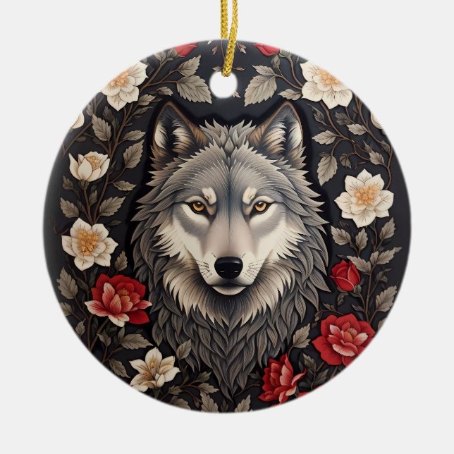 Elegant Gray Wolf Floral Keramik Ornament (Vorne)