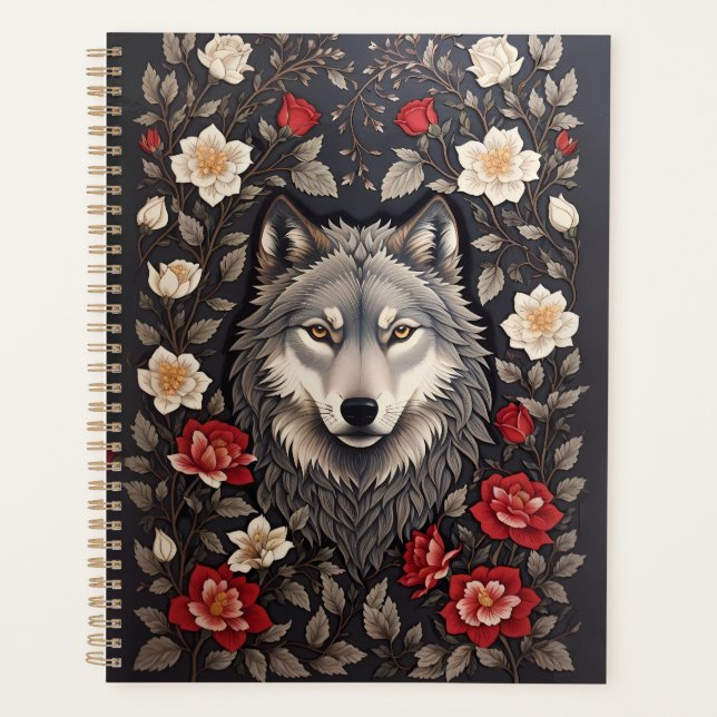 Elegant Gray Wolf Floral Planer (Vorderseite)