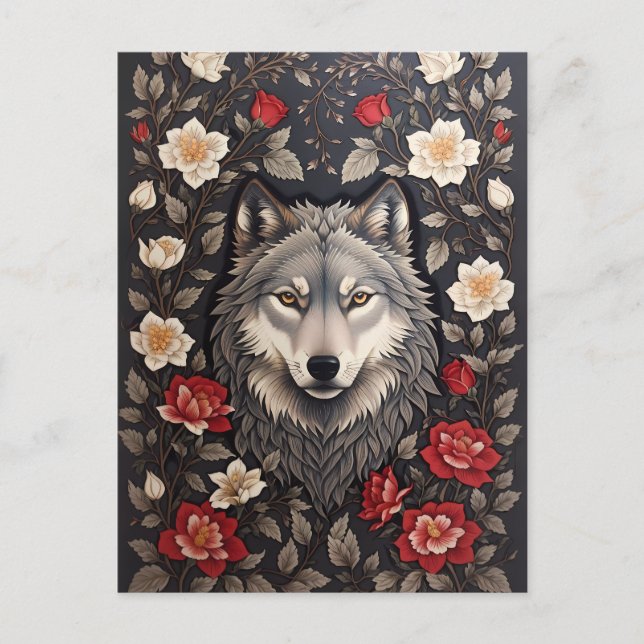 Elegant Gray Wolf Floral Postkarte (Vorderseite)