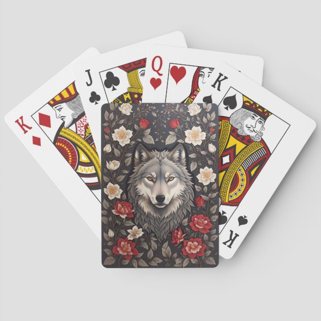 Elegant Gray Wolf Floral Spielkarten (Rückseite)