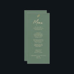 Elegant Green And Gold Boho Garden Dinner Wedding Menükarte<br><div class="desc">Elegant Green And Gold Minimalist Wedding Menu An elegant fancy and classy gold and green chic wedding dinner menu. That features line art rustic eucalyptus gold leaf and emerald sage green boho background with names of husband and wife and date. In gold script typography. Customize it by clicking on the...</div>