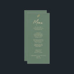 Elegant Green And Gold Boho Garden Dinner Wedding Menükarte<br><div class="desc">Elegant Green And Gold Minimalist Wedding Menu An elegant fancy and classy gold and green chic wedding dinner menu. That features line art rustic eucalyptus gold leaf and emerald sage green boho background with names of husband and wife and date. In gold script typography. Customize it by clicking on the...</div>
