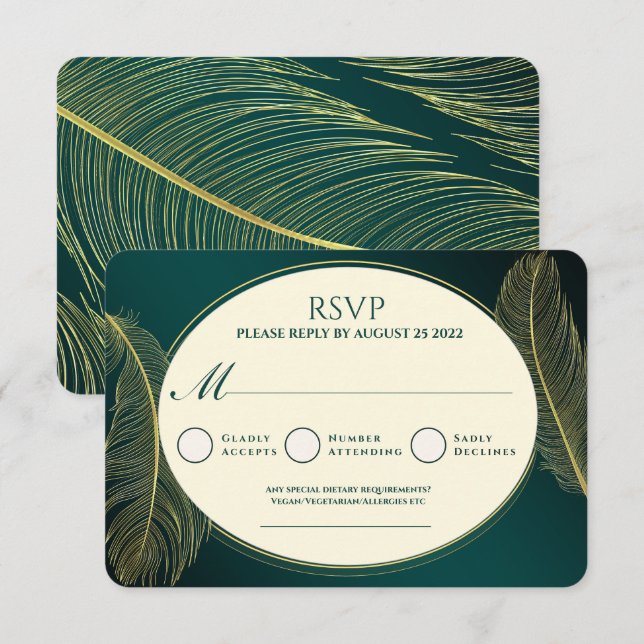Elegant Green And Gold Feather RSVP Card Karte (Vorne/Hinten)