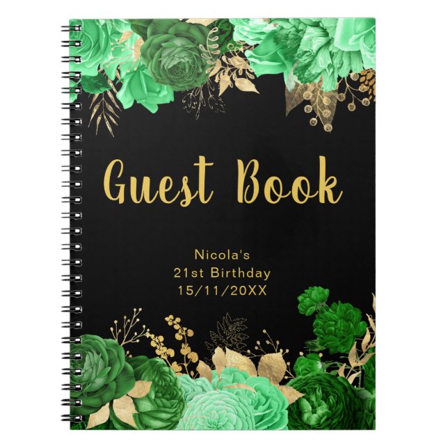 Elegant Green and Gold Flowers Birthday Guest Book Notizblock (Vorderseite)