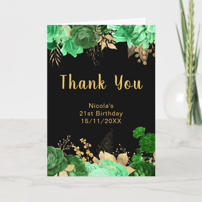 Elegant Green and Gold Flowers Birthday Party Dankeskarte (Vorderseite)