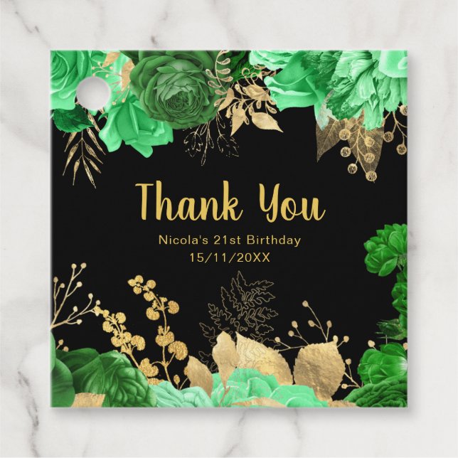 Elegant Green and Gold Flowers Birthday Party  Geschenkanhänger (Vorderseite)