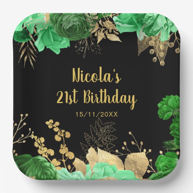 Elegant Green and Gold Flowers Birthday Party Pappteller (Vorderseite)