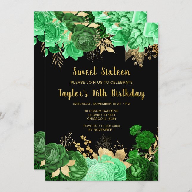Elegant Green and Gold Flowers Sweet Sixteen Einladung (Vorne/Hinten)