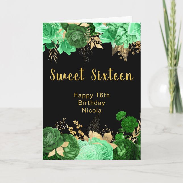 Elegant Green and Gold Flowers Sweet Sixteen Karte (Vorderseite)