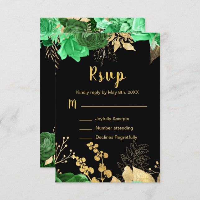 Elegant Green and Gold Flowers Sweet Sixteen RSVP Karte (Vorne/Hinten)