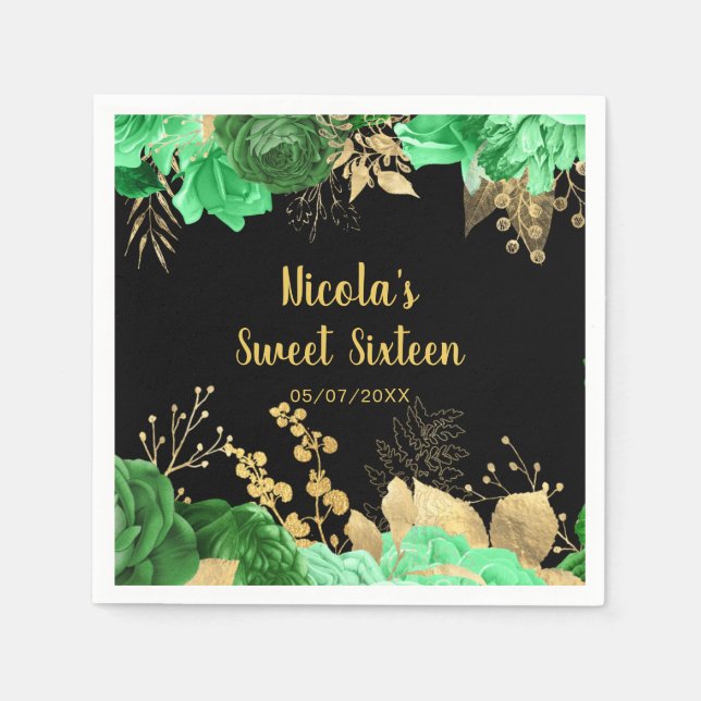 Elegant Green and Gold Flowers Sweet Sixteen Serviette (Vorderseite)