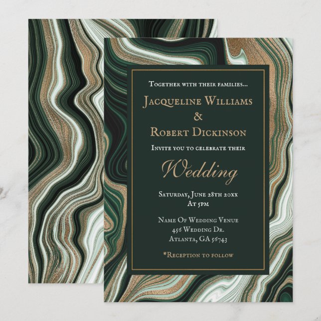 Elegant Green and Gold Marble Wedding Einladung (Vorne/Hinten)