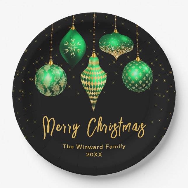 Elegant Green and Gold Ornament Christmas Pappteller (Vorderseite)