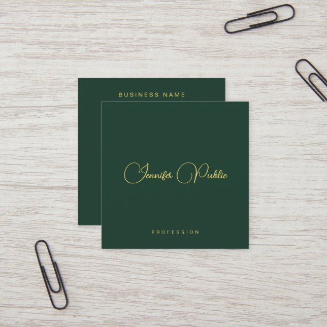Elegant Green And Gold Text Script Premium Silk Quadratische Visitenkarte (Vorderseite/Rückseite Beispiel)