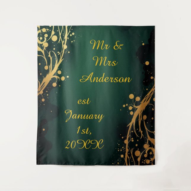 Elegant Green and Gold Wedding Photo Backdrop Wandteppich (Vorderseite)