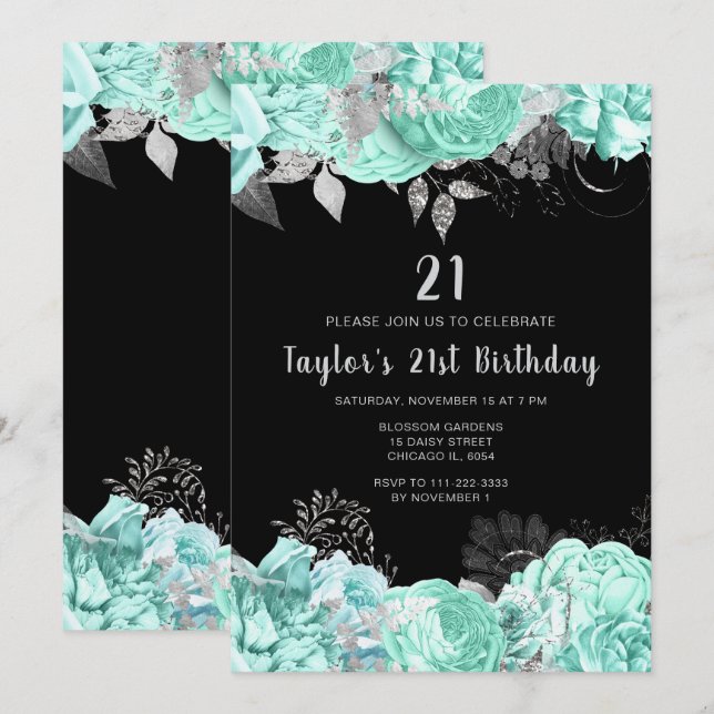 Elegant Green and Silver Flowers Birthday Party Einladung (Vorne/Hinten)