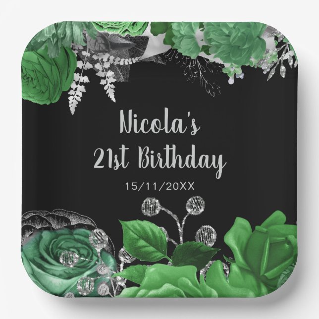 Elegant Green and Silver Flowers Birthday Party  Pappteller (Vorderseite)