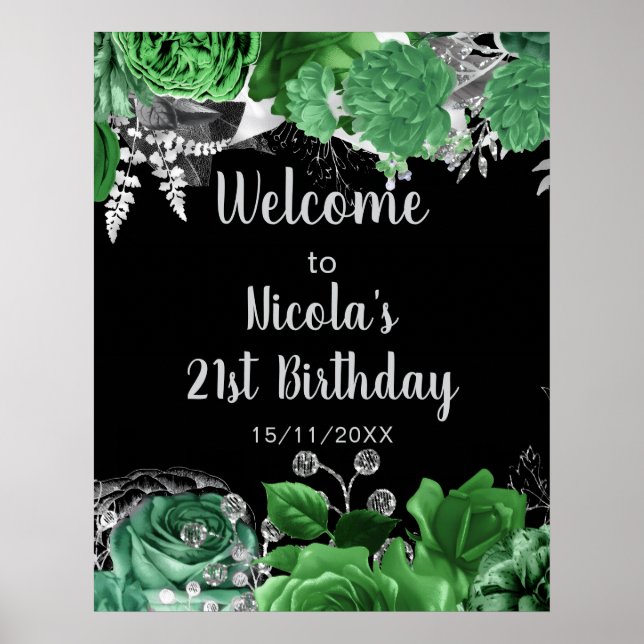 Elegant Green and Silver Flowers Birthday Party  Poster (Vorne)