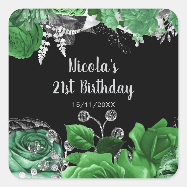 Elegant Green and Silver Flowers Birthday Party  Quadratischer Aufkleber (Vorderseite)