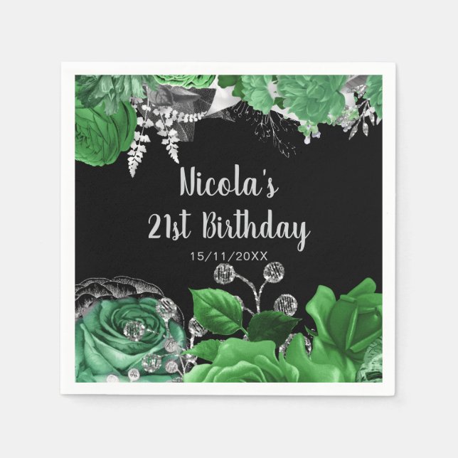 Elegant Green and Silver Flowers Birthday Party  Serviette (Vorderseite)