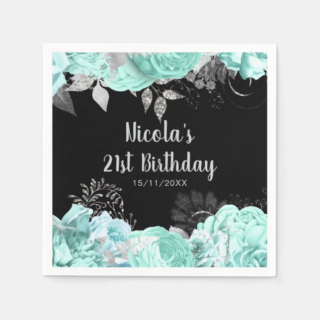 Elegant Green and Silver Flowers Birthday Party Serviette (Vorderseite)
