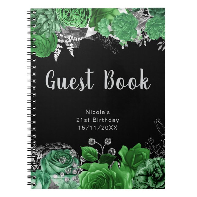 Elegant Green and Silver Flowers Guest Book Notizblock (Vorderseite)