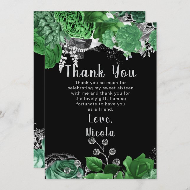 Elegant Green and Silver Flowers Sweet Sixteen  Dankeskarte (Vorne/Hinten)
