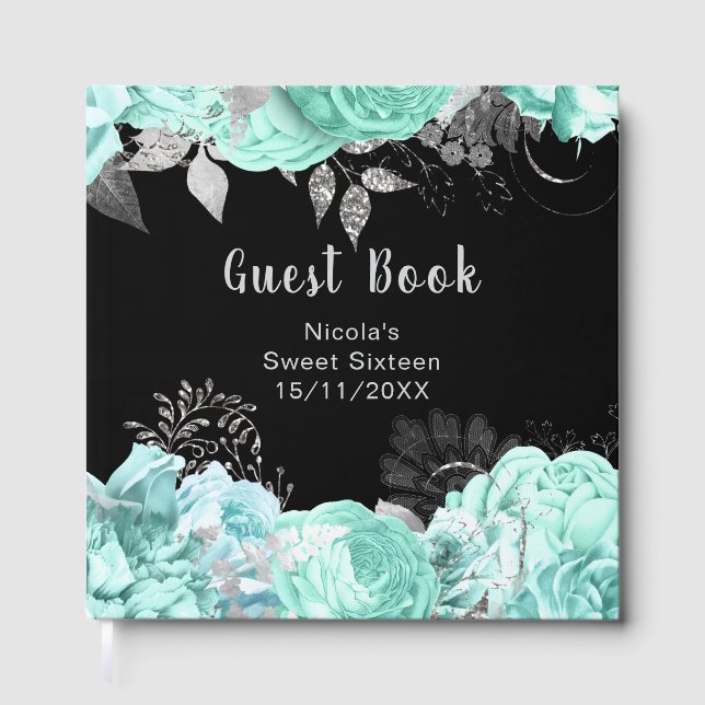 Elegant Green and Silver Flowers Sweet Sixteen Gästebuch (Vorderseite)