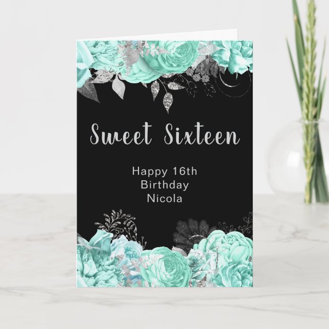 Elegant Green and Silver Flowers Sweet Sixteen Karte (Vorderseite)